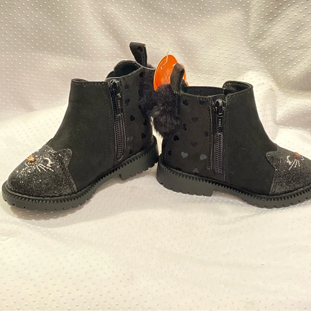 Wonder Nation Shoes Girls Size 5 Black‎ Side Zip New With Tags Cat Print